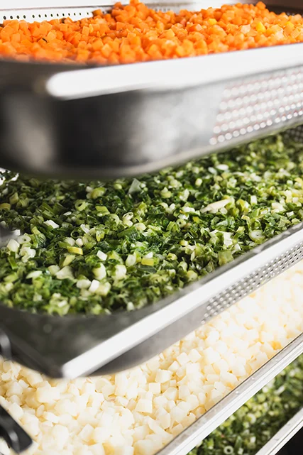 stainless steel trays of finely chopped vegetables